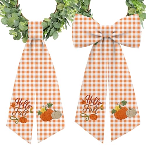 2 Pcs Fall Wreath Sash Plaid Pumpkin Hello Fall for Front Door Embroidery Ribbon Sash for Yard Porch Doorway Decor Indoor Outdoor