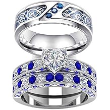 TWO RINGS Wedding Ring Sets His And Hers Promise Ring Couples Bridal Sets Women 925 Sterling Silver Heart Cz Man Brushed Finished Tungsten Carbide Wedding Bands