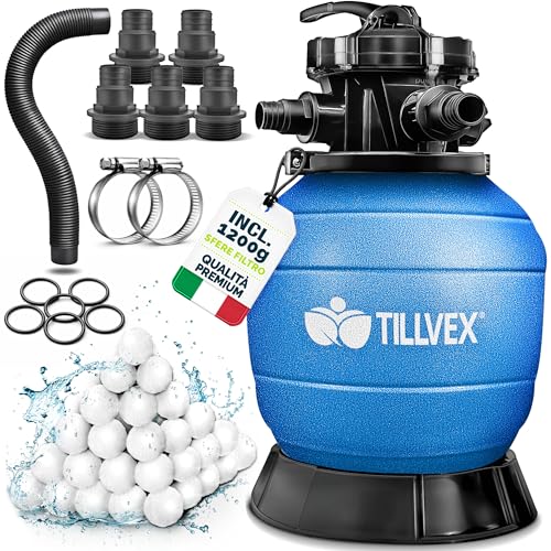 tillvex® Filtro a Sabbia per Piscina Senza Pompa + Palline filtranti Fino a 50 m³ (50.000 Litri) | Serbatoio Filtro Pool Incluso Adattatore Ø32-38mm | Valvola 7 Vie, manometro & Tubo di aspirazione