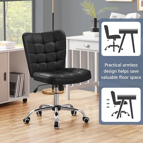 Yaheetech Modern Tufted Armless Desk Office Chair Faux Leather Upholstered Computer Chair with Adjustable Seat Height and Rolling Wheels for Home/Office, Black - Thumbnail 5