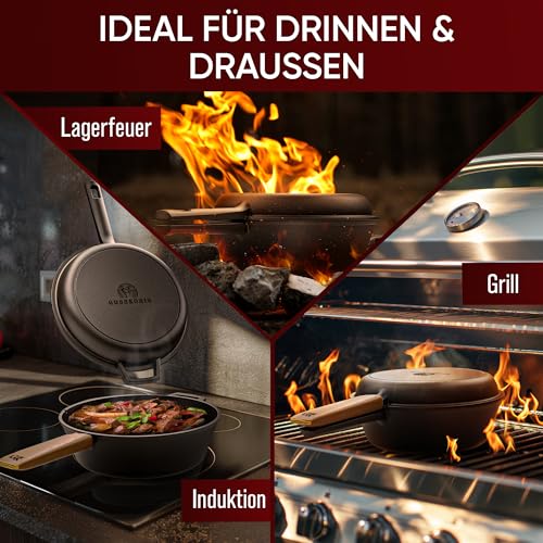 GUSSKÖNIG Dutch Oven - 2 in 1 Eingebrannter Gusseisen Topf 3L & Gusspfanne 1,5L - Cast Iron Pot mit Schmortopf Doppelfunktion - inkl. Kochbuch & Zubehör für BBQ, Camping & Küche - 30 Jahre Garantie