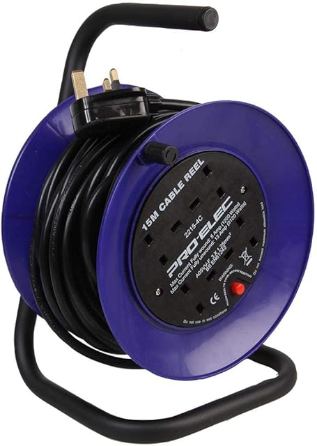 PRO ELEC PEL01275 4-Gang Mini Cable Reel Mains Extension, Black/Blue, 15m