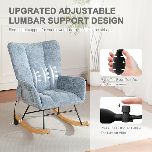 Image of Rocking Chair Nursery, Comfy Modern Nursery Rocking Reading Chair Indoor, Cozy Upholstered Glider Rocker Chairs for Living Room Bedroom Offices, Sillas Mecedoras(Chenille, Blue)