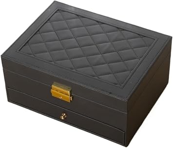 Jewelry Organizer Box for Women, 2-Layer Jewelry Box, Large PU Leather Jewelry Organizer, Jewelry Box with Two Layers Display for Earrings Bracelets Rings Watches Black A
