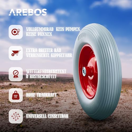 Schubkarrenrad Arebos aus pannensicherem PU Vollgummi mit 200 kg Tragkraft