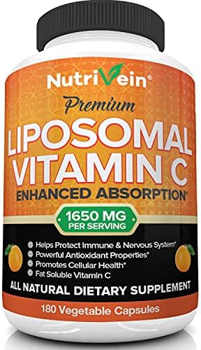 Nutrivein Liposomal Vitamin C 1650mg - 180 Capsules - High Absorption Ascorbic Acid - Supports Immune System & Collagen Booster - Powerful Antioxidant