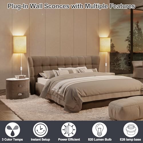 Image of Plug in Wall Sconces Set of Two: Wall Lights with On /Off Switch - Stepless Color Temperature Wall Mount Lamps - Fabric Linen Wall Sconce for Bedroom Living Room & Hallway- Indoor Corded Wall Sconces