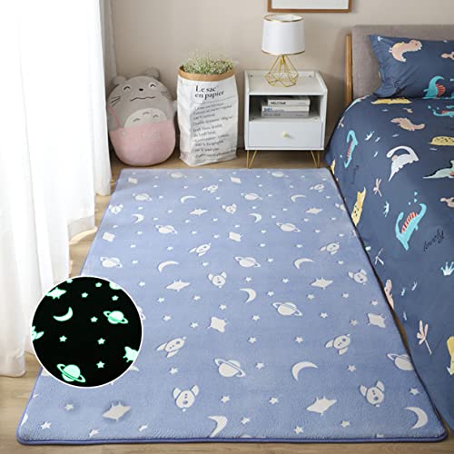 Luminiscente Alfombra Infantil Luna Universo Estrella Dinosaurio Luminosa Alfombra de Juego Para Gatear Para Bebés Sala de Estar Dormitorio Decorativa Jardín de Infancia (Azul,100×200 cm)