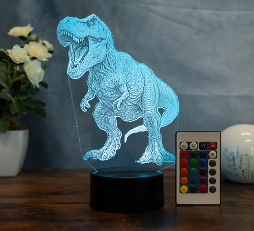 T-Rex LED Lampe – 3D Dinosaurier Tischlampe mit Farbwechsel & Fernbedienung – Geschenk für Kinder & Dino-Fans – Nachtlicht für Jungenzimmer & Deko fürs Kinderzimmer – Acryl Made in Germany