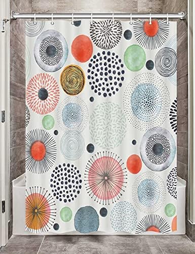 Half Sized Mid Century Abstract Dots Circle Art Fabric Boho Shower Curtain Set for Cabin Vintage Rustic Bath Stall Decor Aesthetic Doodle Geometric Cute Art Bathtub Curtains, 36x72 inch