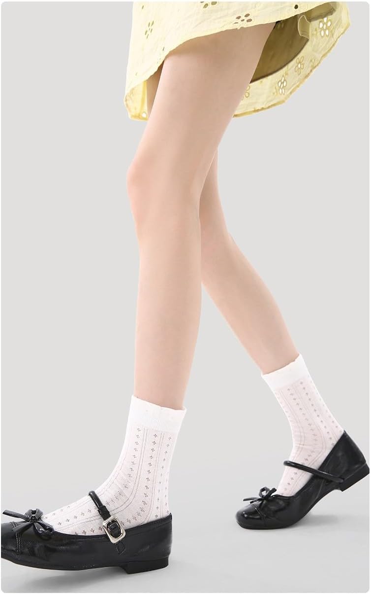 Women's Mesh Crew Socks 5 Pairs Pack, Long-Staple Cotton Breathable Aesthetic Socks for Mary Janes & Loafers