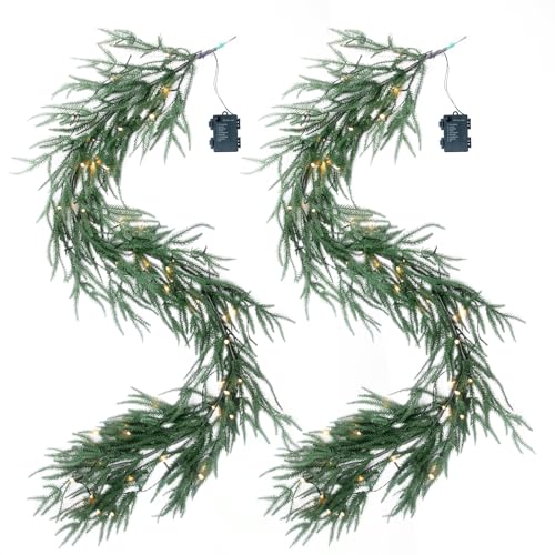 6FT Prelit Norfolk Pine Christmas Garland with LED Lights – 2 Pack Battery Operated Lighted Garland for Mantle Stairs Railing Fireplace Front Door Porch Indoor Outdoor Holiday Decorations