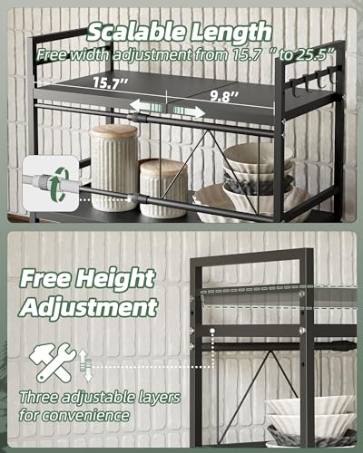 NETEL Erweiterbares Mikrowellen Regal 2 Stufig,Regal über Mikrowelle,Mikrowellenständer für Arbeitsplatte，Küchenregal Stehend für Backofen/Kaffeemaschine，Stabile Microwave Stand mit 8 Haken,Schwarz