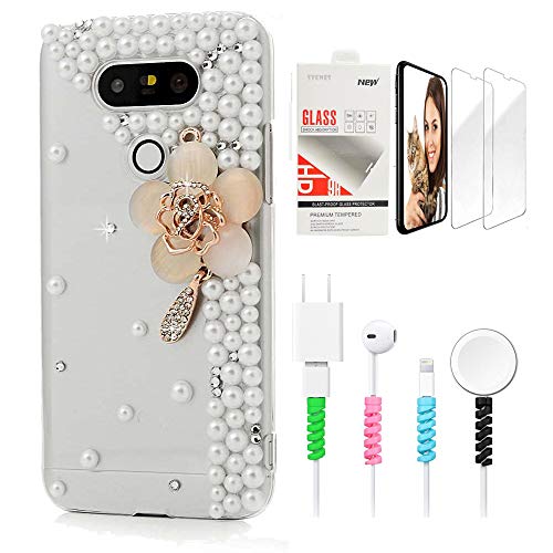 STENES Bling Phone Case Compatible with LG Stylo 5 / Stylo 5V / Stylo 5 Plus - Stylish - 3D Handmade Sparkle Series Agate Flowers Design Cover with Screen Protector & Cable Protector - Champagne