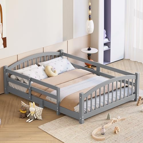 Image of Bellemave Full Size Kids Montessori Floor Bed,Full Size Floor Bed Frame with Slats and Safety Guardrail,Solid Wood Montessori Bed for Girls Boys,Gray