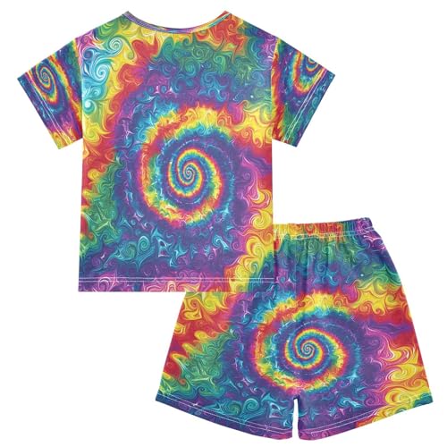 ALAZA Color Tie Dye Abstract Pajamas Set Short Sleeve Cotton Sleepwear Summer Pjs 2 Piece 5-14Y2