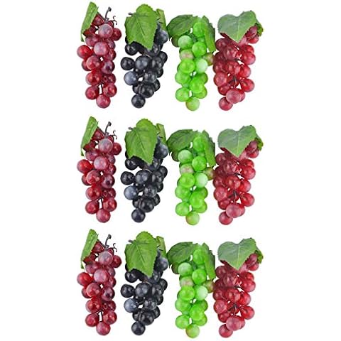 JEDFORE 5.9 Inches Artificial Grapes Cluster Rubber Frosted Grape Bundles Decorative Grapes Bunches for Vintage Wedding Favor Fruit Wine Decor Faux Fruit Props (Black, Red, Green, Purple - 12 Pack) Cover