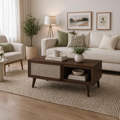 Image of The Attic INES Coffee Table for Living Room, Solid Wood Centre Table with Cane with Sliding Doors, Walnut Finish