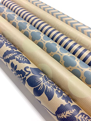 Note Card Cafe Bella Kraft All Occasion Wrapping Paper | 18 Pack | 30 x 120 inch Rolls | Blue, Cream | for Birthdays, Weddings, Showers, Gifts, Holidays, Christmas | Recyclable, Biodegradable