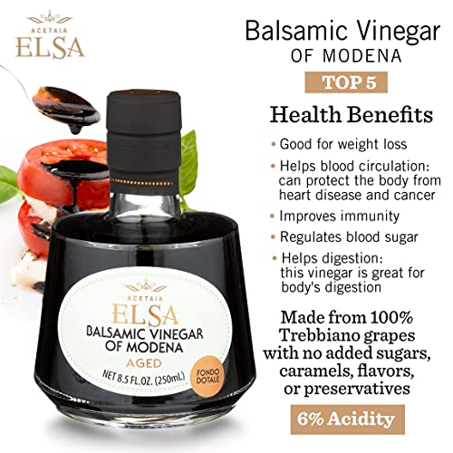 Elsa Aceto Balsamico Di Modena, Traditional Italian Balsamic Vinegar Igp Italy, Aged 6 Years In Oak Barrels, Bottle With Cork Dosing Cap, Medium-Low Density, 250Ml (8.4Oz) #TOP3