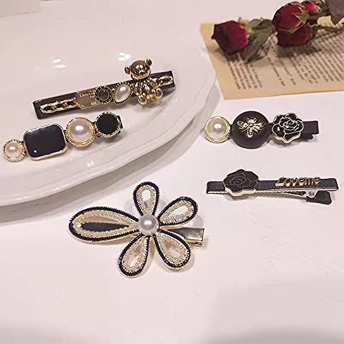 Rugelyss 5 Pcs Black Bear Rose Pearls And Rhinestone Hair Clips, Handmade Hair Barrettes, Alligator Bobby Pins, Glitter Crystal Hairpin, Elegant Gold Hair Accessories, Gifts For Women Girls #TOP4