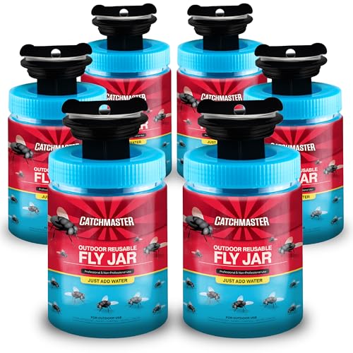 Catchmaster Outdoor Reusable Fly Traps Outdoor with Bait Included â€“ 6 Non-Toxic, Pet Safe Hanging Fly Jars â€“ Bug Catchers for Yard, Patio & Trash â€“ Sets Up in Seconds