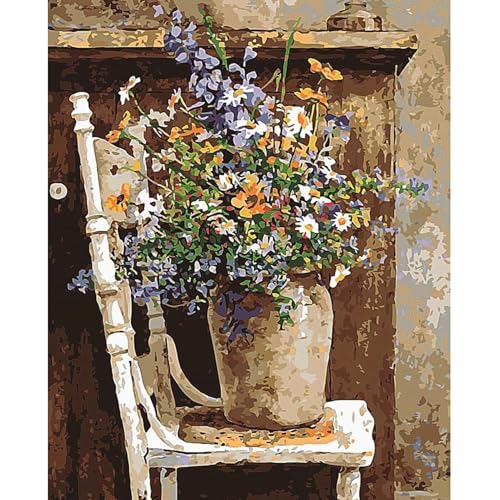 CaptainCrafts Paint by Numbers, DIY Oil Painting Paint by Numbers Kits for Adults 16x20 INCH Art Deco Home Gifts (with Frame, Wild Flowers Pots Chair)