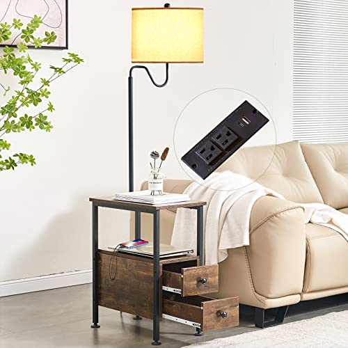 Image of Dungoo Rustic Floor Lamp with Table Storage End Table with Charging Station