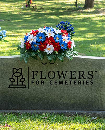 Sympathy Silks Artificial Cemetery Flowers - Realistic - Outdoor Grave Decorations - Non-Bleed Colors, And Easy Fit - Red White & Blue Dahlia Saddle For Headstone #TOP1