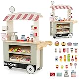 Costzon Kids Grocery Store Playset, Toddler Pretend Market Stand Shop Play Set w/ 30PCS Play Toy, Beverage Rack, Cash Register, Scale, Large Wheels, Wooden Food Cart, Gift for Boys Girls 3+ (Green)