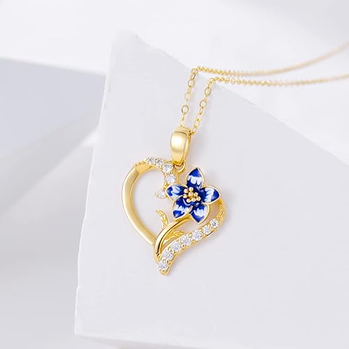 Miniatura 3 de Collar de flor de nacimiento de oro real de 14 quilates para mujer, oro amarillo creado moissanita con colgante de corazón, collares de