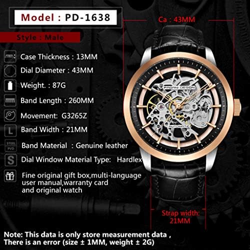 Pagani Design utomatic Mens Watches Skeleton Mechanical Wrist Watch for Men Waterproof Genuine Leather Watchband Luxury Self-Winding Stainless Steel Analog Watch for Men Collection, Black Gold 1638