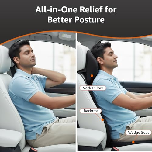 Image of Amazon Basics Memory Foam Car Comfort Combo of 3 - Car Neck Rest Pillow, Lumbar Back Support Cushion & Wedge Seat Cushion | Ergonomic Car Seat Support for Driving, SUV, Sedan, Universal Fit - Black