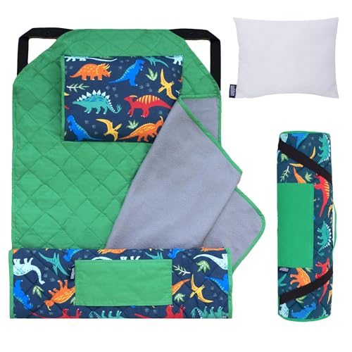 Image of Wildkin Modern Kids Nap Mat with Pillow for Boys - Cotton Blend, Elastic Straps, Toddler Sleep Mat for Daycare, Preschool, Kindergarten & Travel, Ages 3-7, Machine Washable - Jurassic Dinosaurs