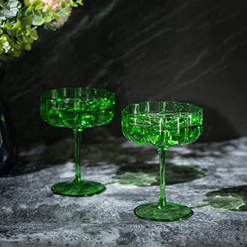 Flower Vintage Wavy Petals Wave Glass Coupes 7Oz Colorful Cocktail, - Set Of 4 - Rippled & Champagne Glasses, Prosecco, Martini, Mimosa, Cocktail Set, Bar Glassware Copyright & Patent Pending (Green) #TOP5