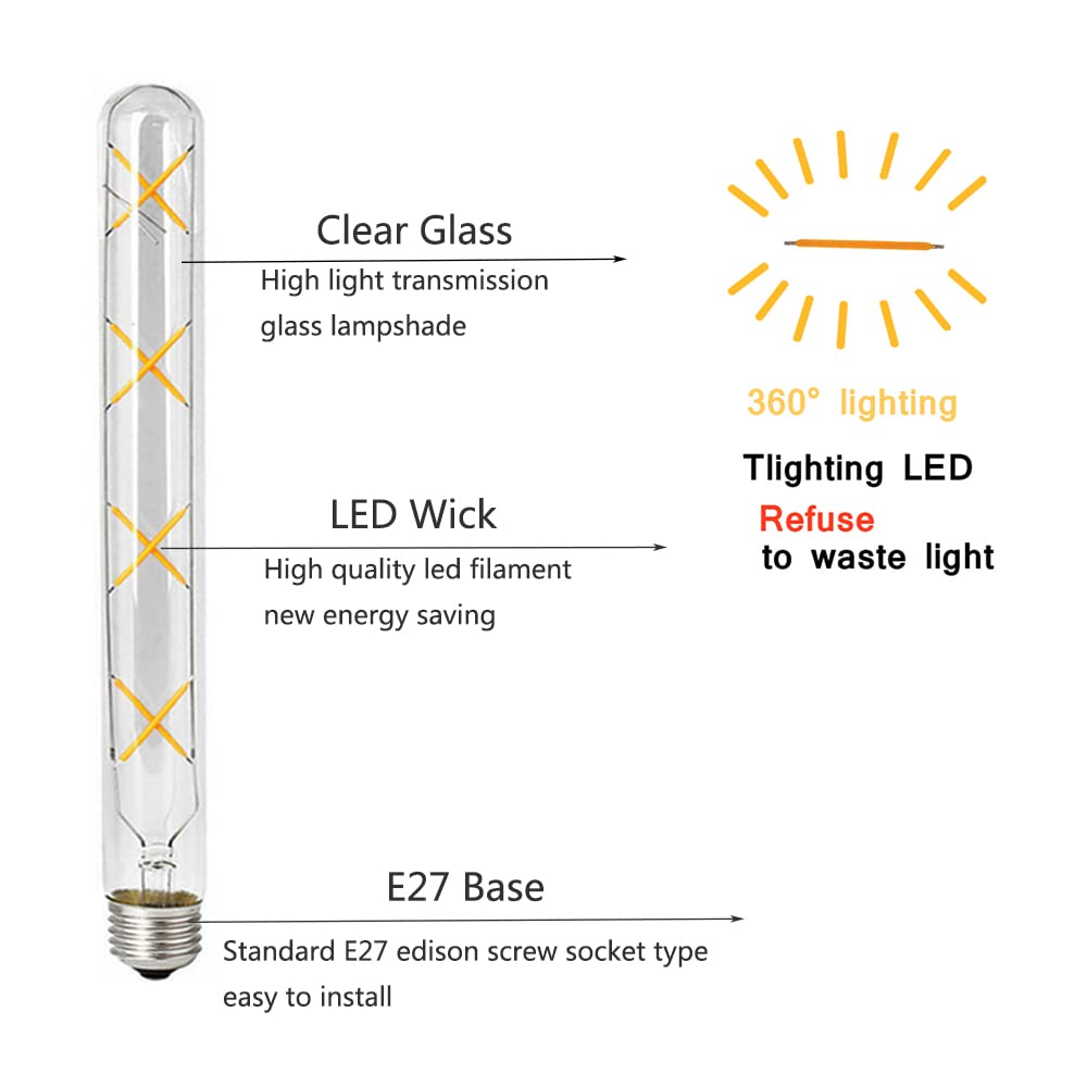 Bombillas led Bombillas de filamento Edison Vintage E27 T30-300mm 8W 700LM Blanco cálido 2700K no Regulable Vidrio Transparente tubérculo Retro 8 Paquetes
