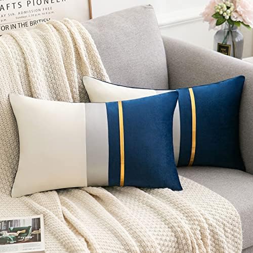 Navy Blue Cushion Covers 45 x 45 cm Gold Leather Striped Patchwork Velvet Case Luxury Modern Square Throw Pillow Cover Decorative Pillow for Bedroom Living Room Bed Sofa Car 18 × 18 inch