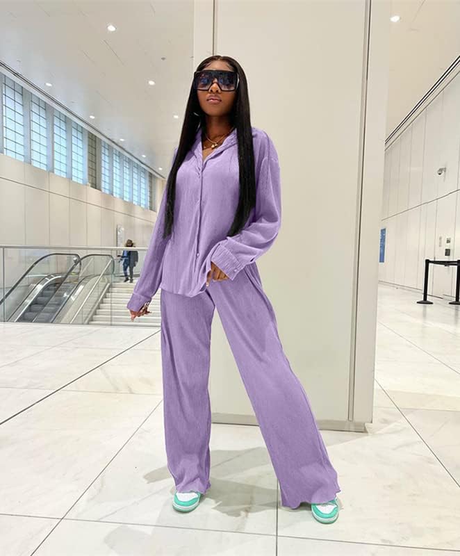 kaimimei Casual 2 Piece Outfit for Women - Linen Long Sleeve Button Down Shirt + Flare Pleated Wide Leg Pants Sets Streetwear - Image 5