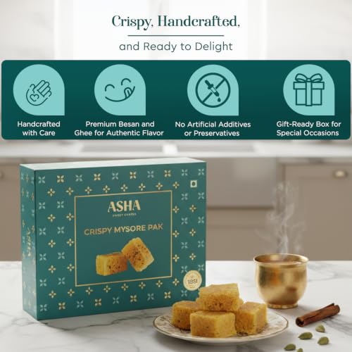 Image of ASHA SWEET CENTER Crispy Mysore Pak 150G|Premium Besan Mysore Pak|Traditional Flavor With Perfect Crispy And Delicious South Indian Ghee Mithai With Real Taste|Crunchy Gift Box For Special Occasion