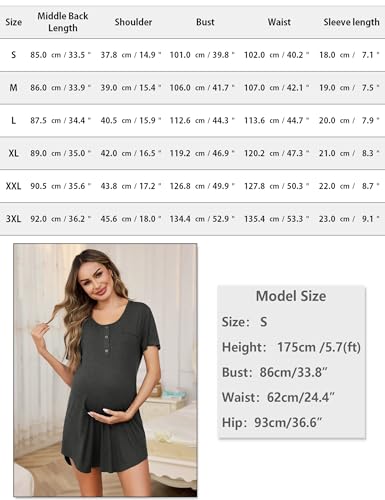 Uniexcosm Stillnachthemd Damen Kurzarm Geburtskleid Baumwolle Umstandsnachthemd Mutterschaft mit Knopfleiste Umstandsmode für Schwangere oder Stillende Dunkelgrau XL