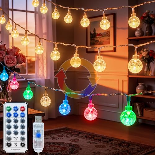 Soagrc Globe String Lights, 50FT 100 LED USB Fairy Lights, 11 Modes 2-in-1 Warm White & Multicolor Changing, IP44 Waterproof Indoor Outdoor Crystal Ball Lights for Bedroom Garden Party Decor