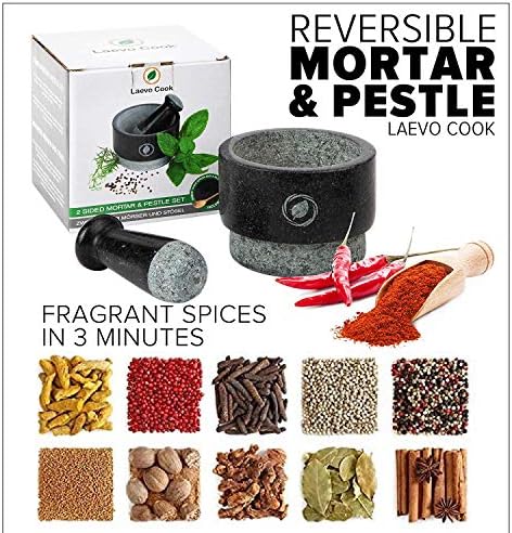 Laevo Cook Granite Unique Double Sided Stone Grinder Mortar and Pestle Set with Silicone Lid/Mat and Spoon [5.5 Inch, 17 Oz]
