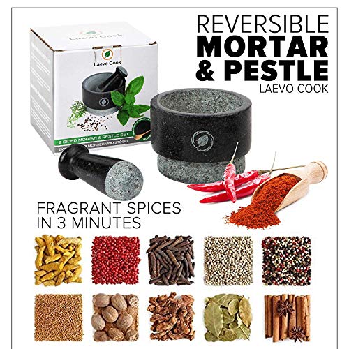 Laevo Cook Granite Unique Double Sided Stone Grinder Mortar and Pestle Set with Silicone Lid/Mat and Spoon [5.5 Inch, 17 Oz]