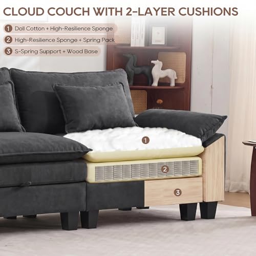 Image of IPKIG 82.3 inch Modular Cloud Couch with Storage, U Shaped Sectional Sofa with Ottoman & Pillow, Velvet Deep Seat Sectional Couches for Living Room, Apartment, Dark Grey