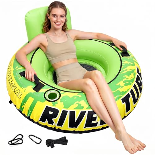 53" Inflatable River Tube with Backrest & Cup Holders, Heavy Duty Pool Float for Adults, Durable Floating Lounge with Handles & Rope, Comfortable for River, Lake, Backyard Pool