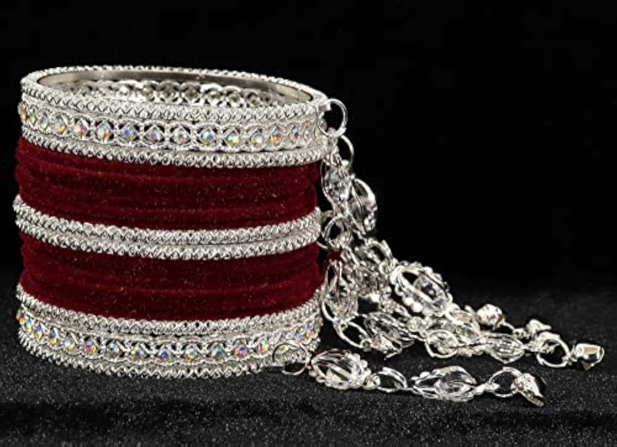 Zircon Gemstone Velvet Bangles Set with Bells, Pack of 40