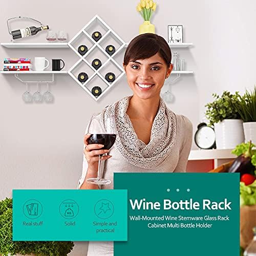 Wall Mounted Wine Rack, Drinks Cabinet Bottle Glass Holder Wine Rack Cabinet Bar Accessories Shelving with The Middle Wine Unit for 7 Bottles Wine Storage Display Shelf for Home Kitchen Dining Room
