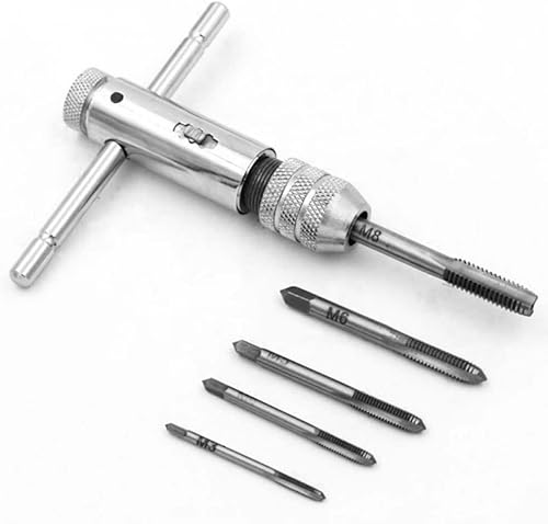 Llave de trinquete ajustable con mango en T con 5 piezas M3 - M8 roscado métrico con mango en T, ajustable, kit de accesorios de roscado manual