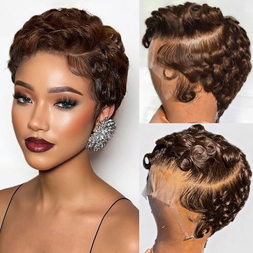Brown Short Curly Pixie Cut Lace Front Wigs Remy Human