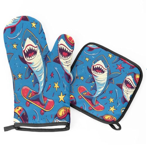 Shark Skateboarding Oven Mitts Kitchen Oven Gloves for Cooking Baking Heat Proof Lining Cotton Kitchen Potholder Mittens Pot Holders Hot Pads for Chef Women Men